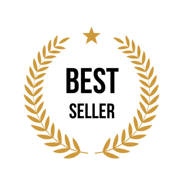 Best seller award icon badge vector illustration. Top quality logo, premium emblem prize stamp with round luxury gold laurel wreath, golden star sign and best seller black text isolated on white